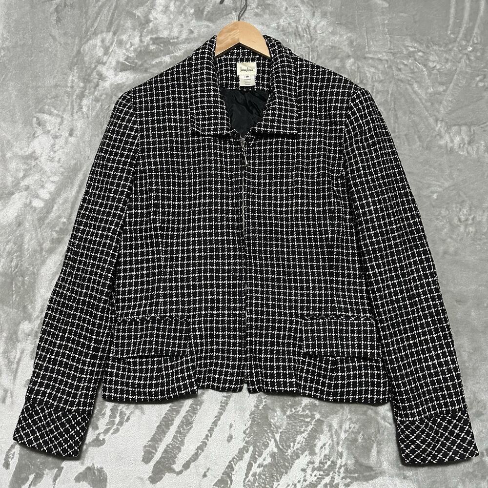 VTG Neiman Marcus Tweed 100% Silk Full Zip Blazer Jacket Womens Sz 16 Black USA